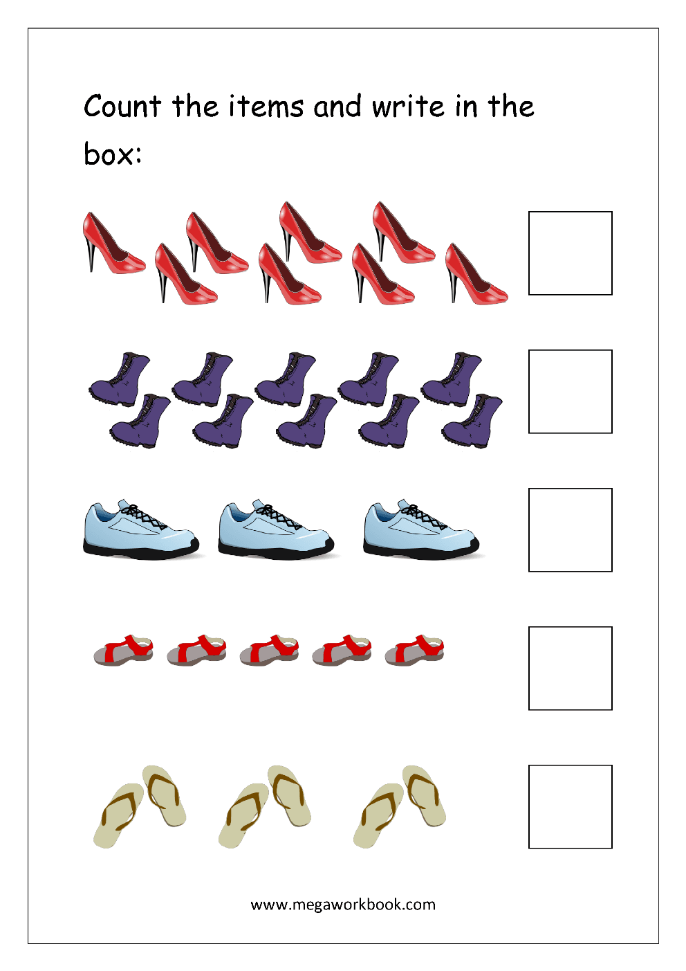 Clothing Items Counting Worksheet – Shoes, Socks & Sandals