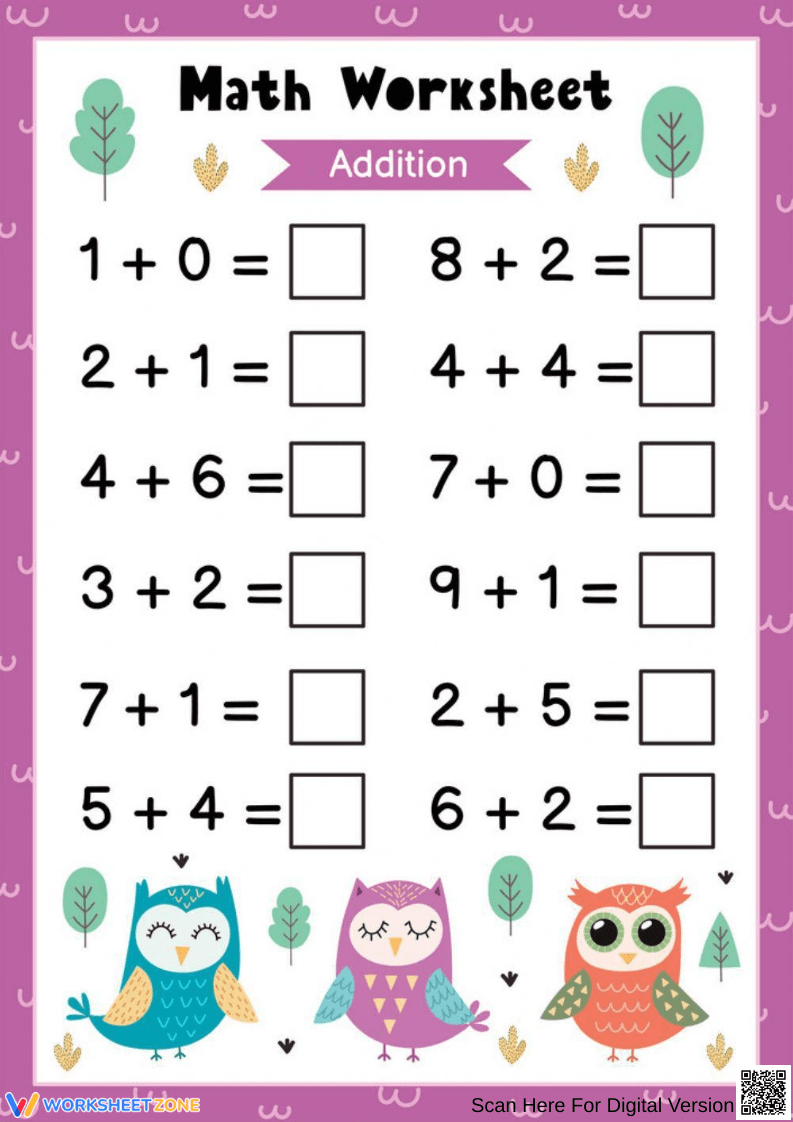 Cute Owl-Themed Addition Worksheet for Early Learners
- Page 1