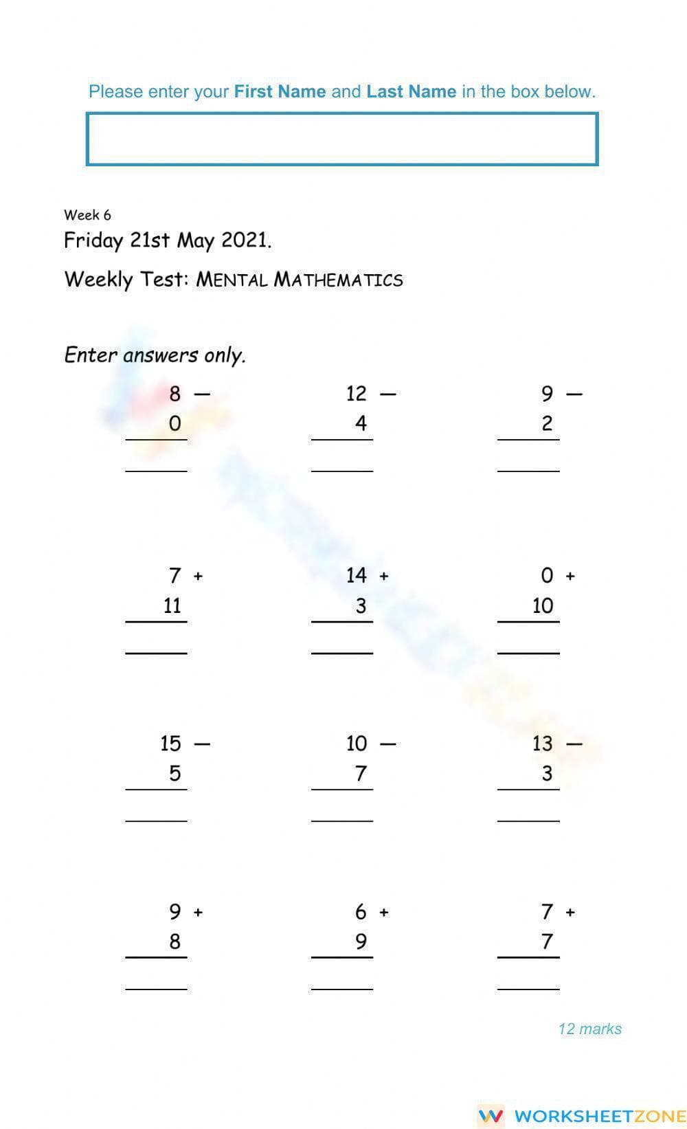 Mental Mathematics Test - Page 1