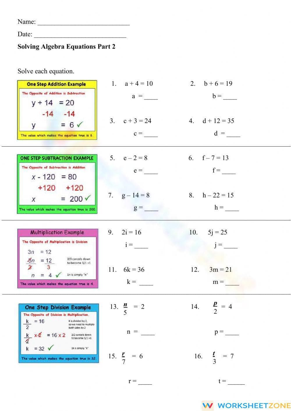 Solve One-Step Equations - Page 1