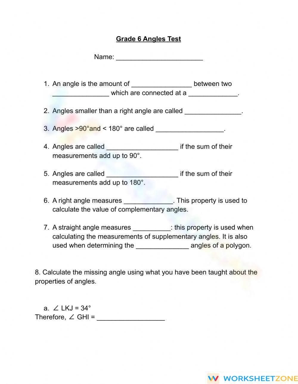 Grade 6 Angles Test - Page 1