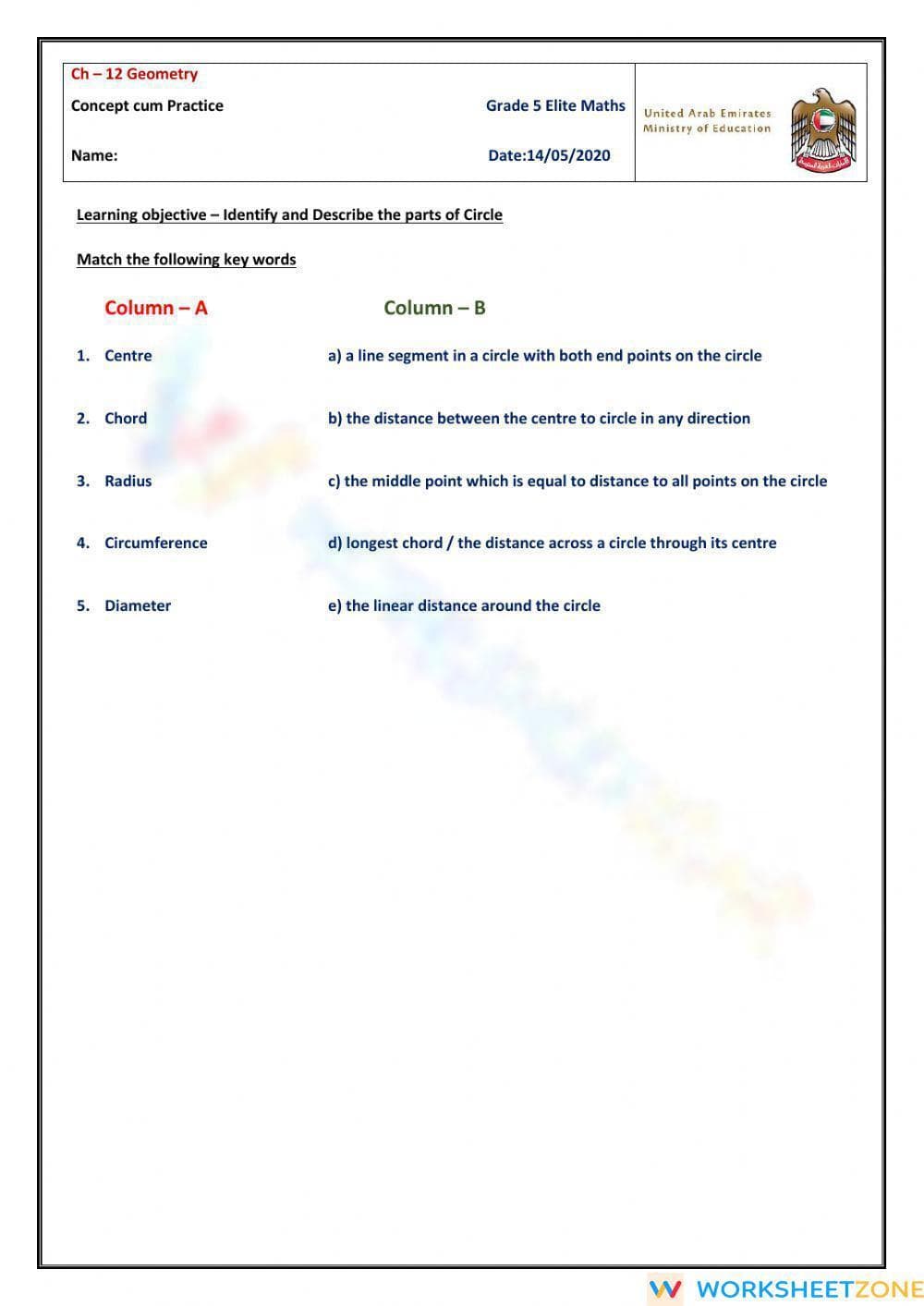 Labeling Parts of the Circle Practice - Page 1