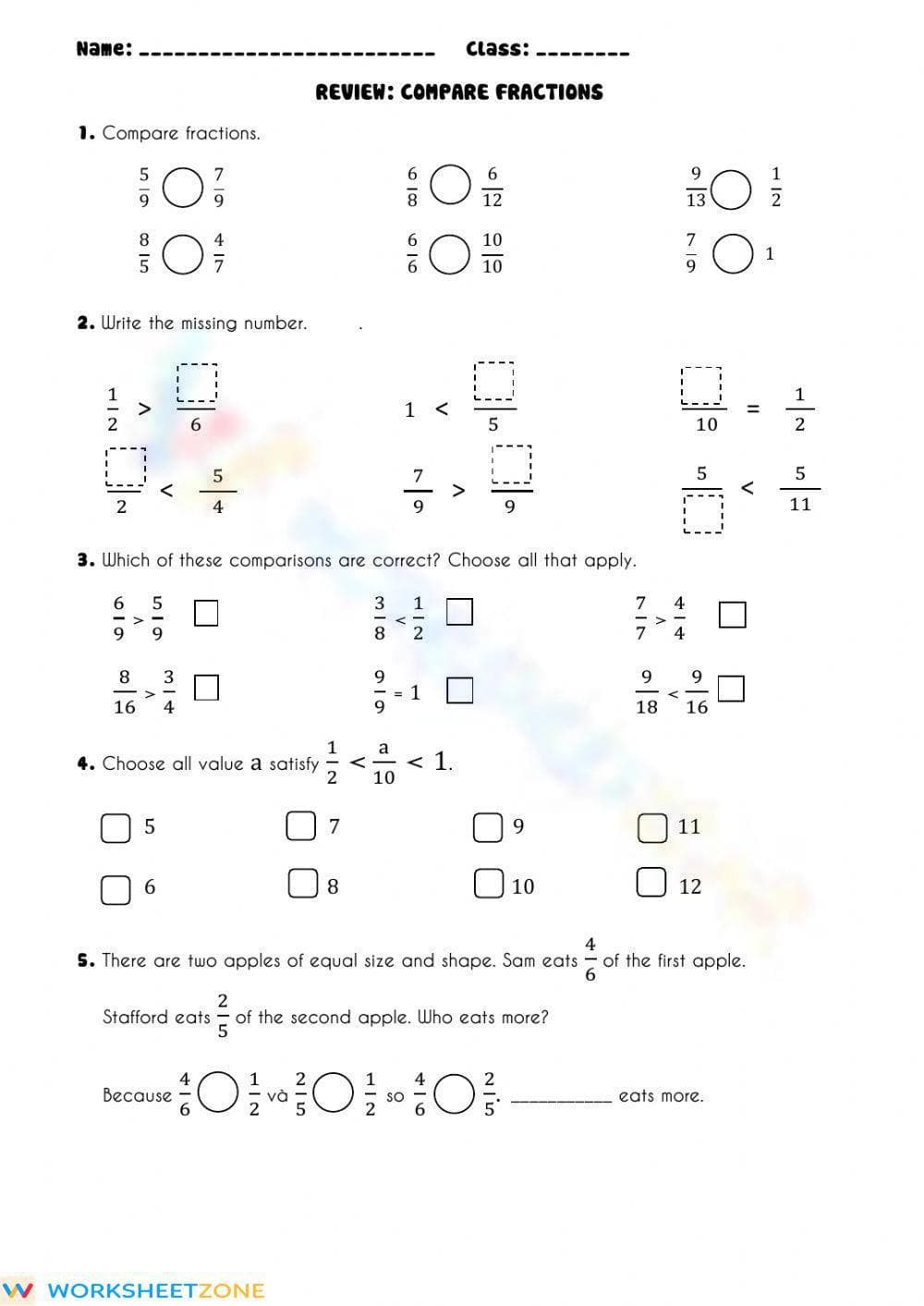 Comparing fractions Practice - Page 1