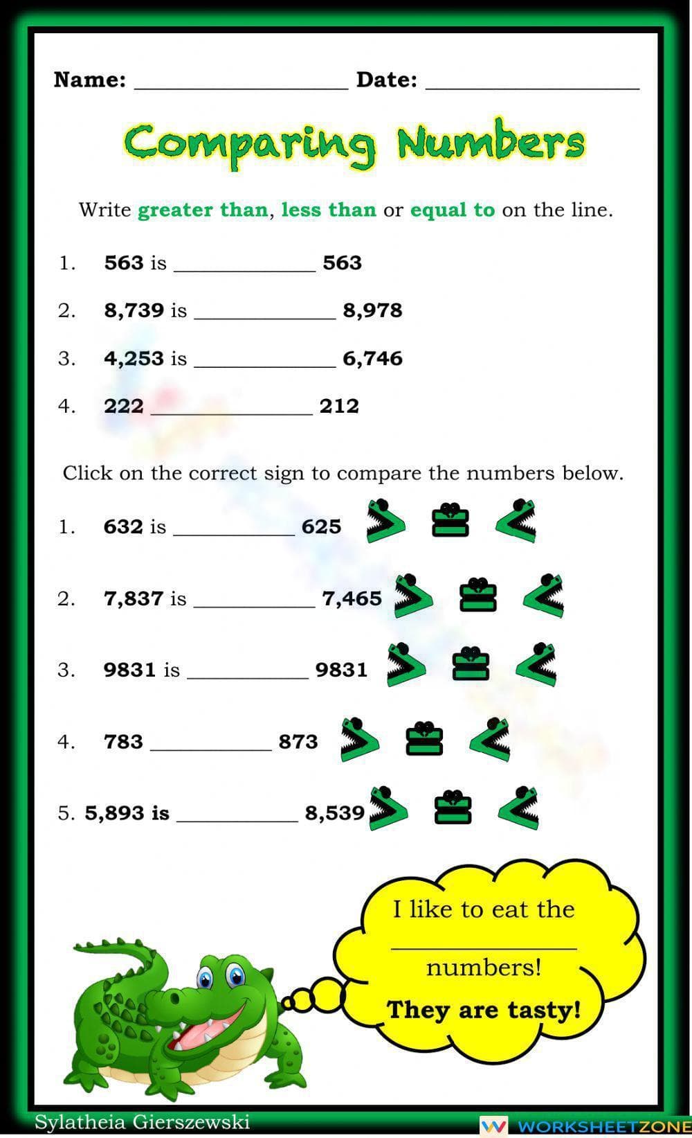 Comparing Numbers Practice Worksheet - Page 1