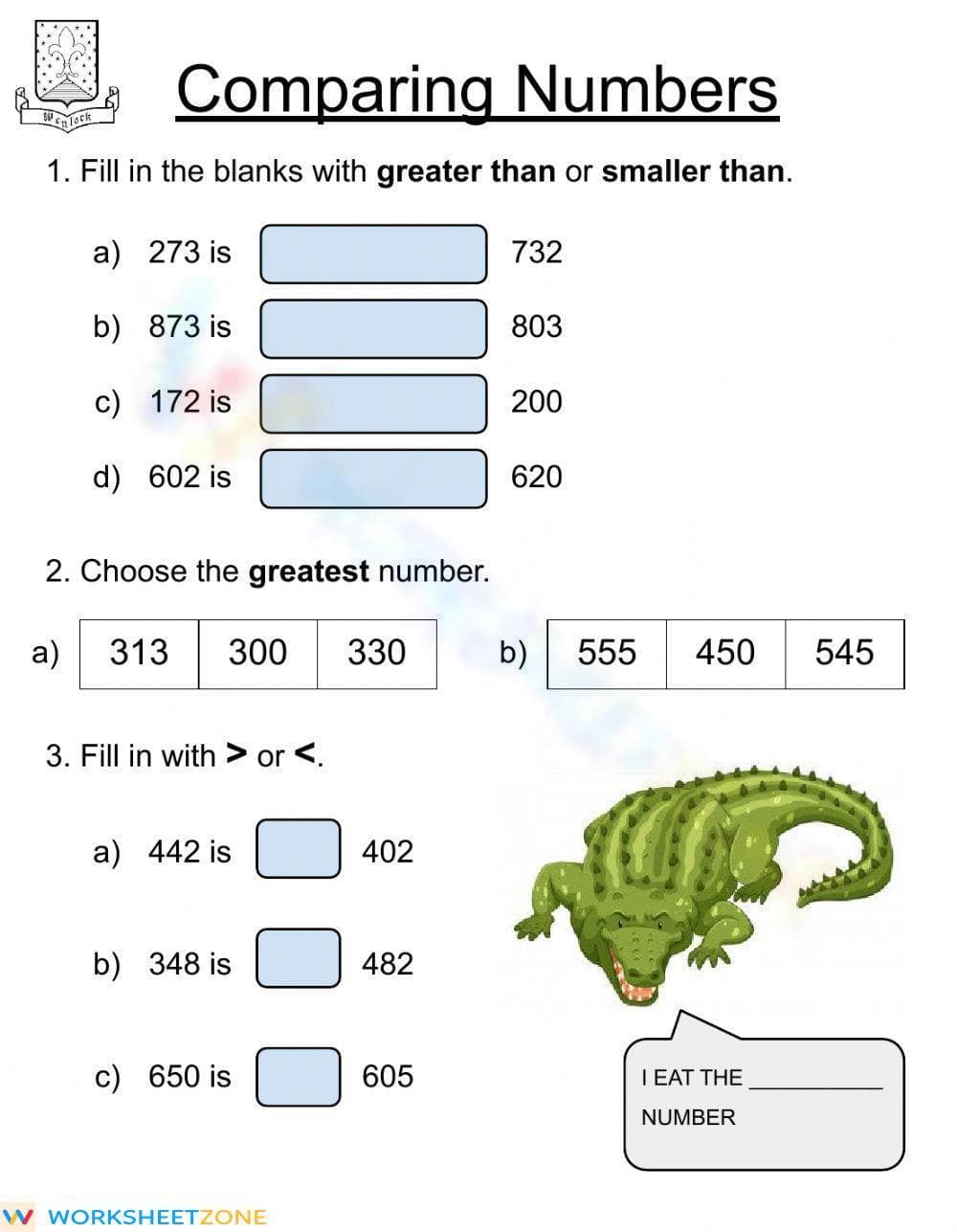 2nd Grade Comparing Numbers Worksheet - Page 1
