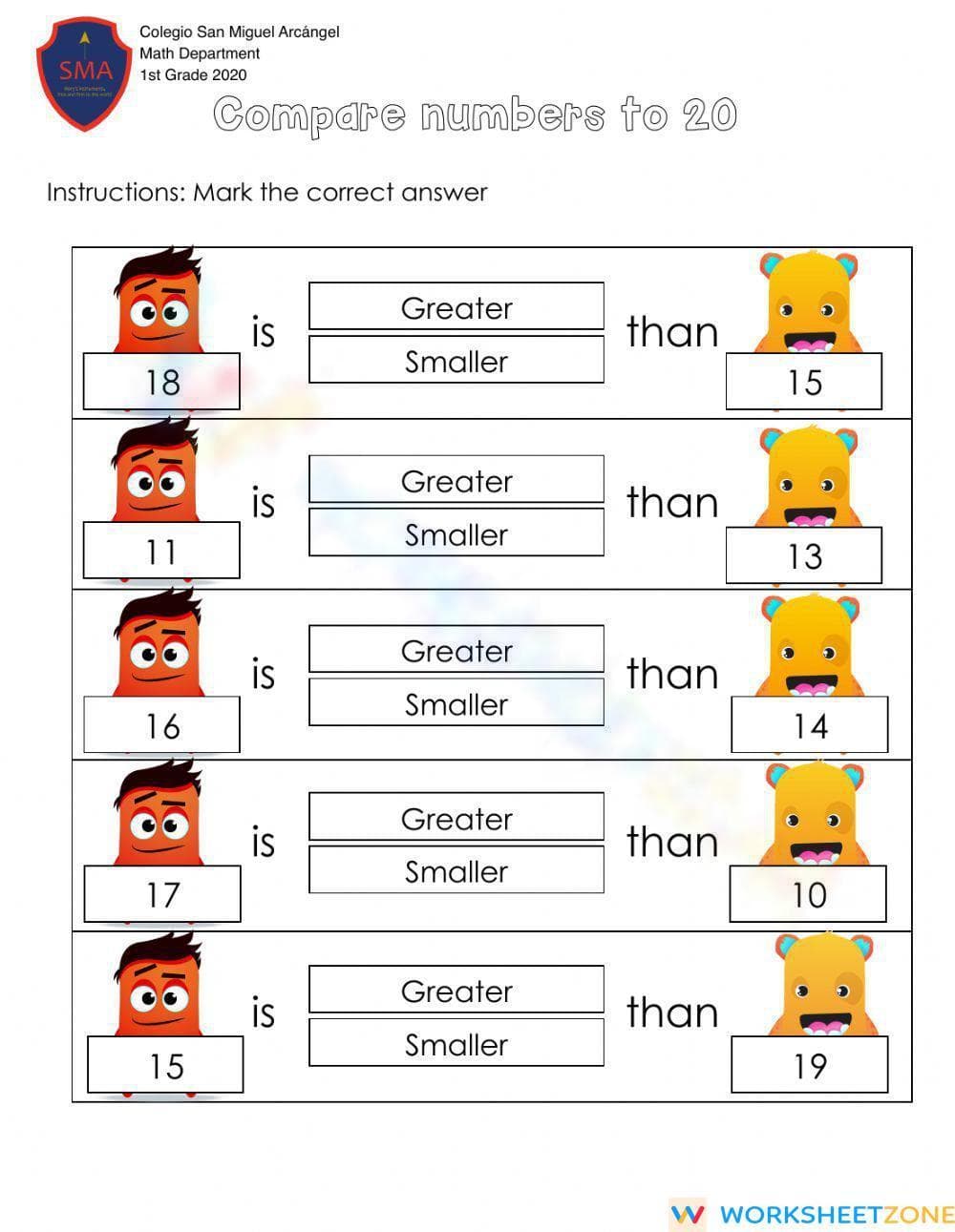 Comparing Numbers to 20 Worksheet - Page 1