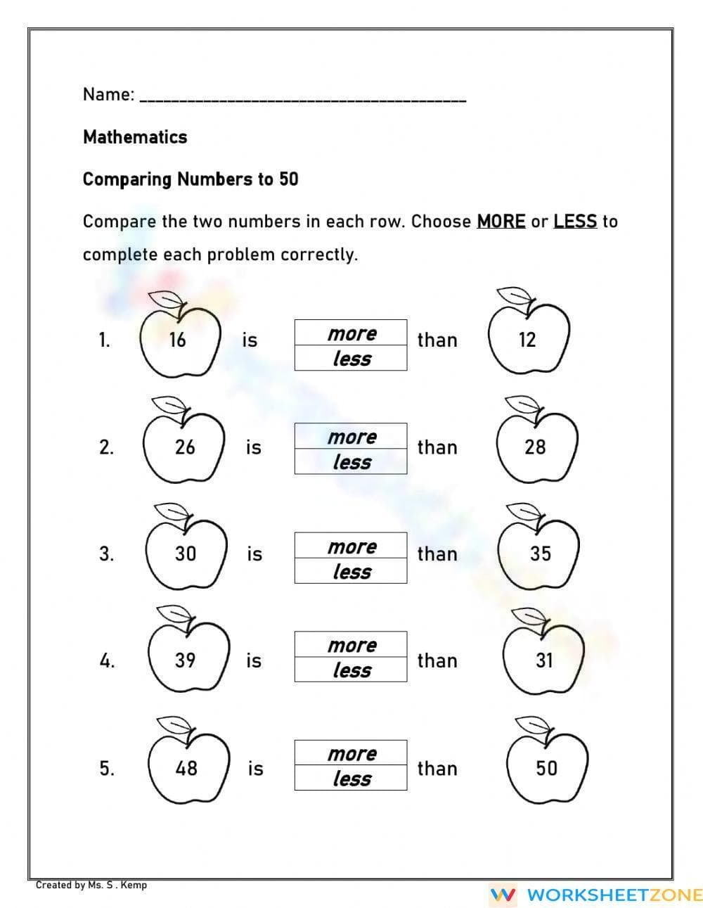 Comparing Numbers to 50 - Page 1