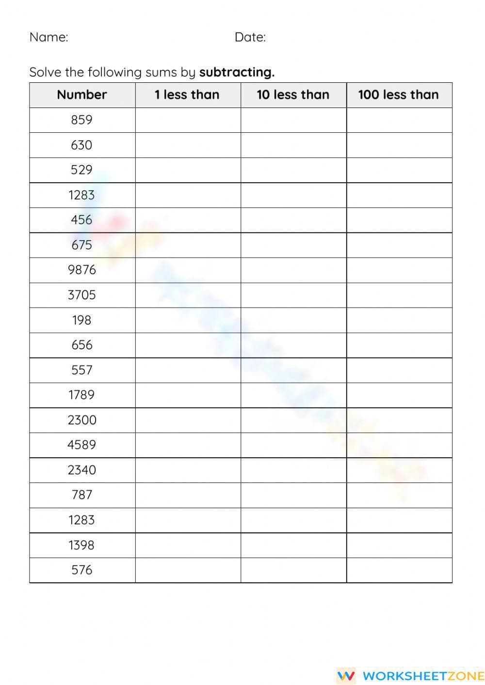 Subtraction less than 1, 10 & 100 - Page 1