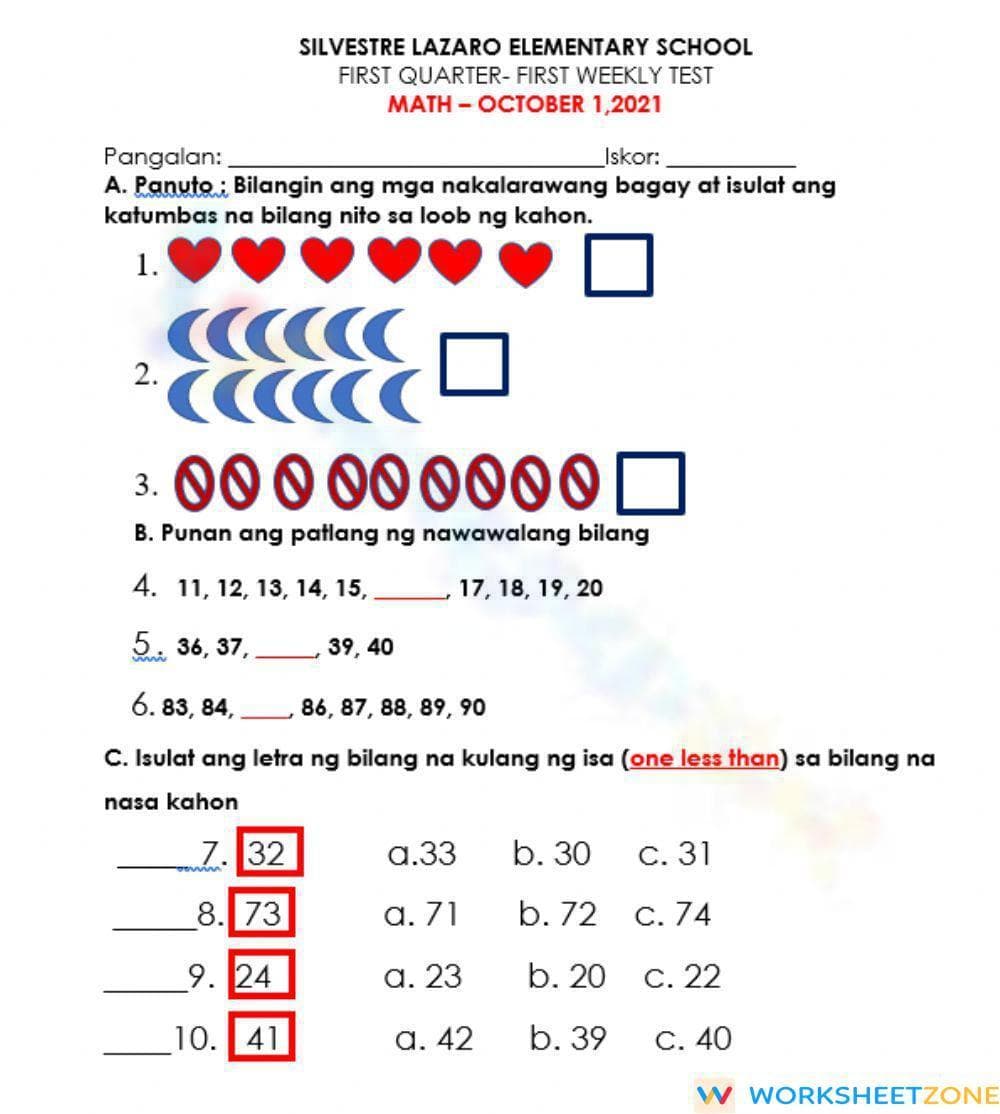 Counting One Less Than - Page 1