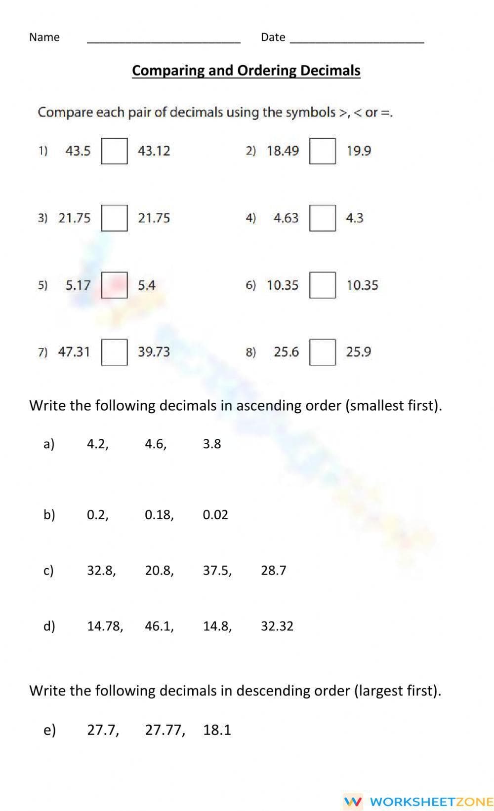 Comparing and Ordering Decimals - Page 1