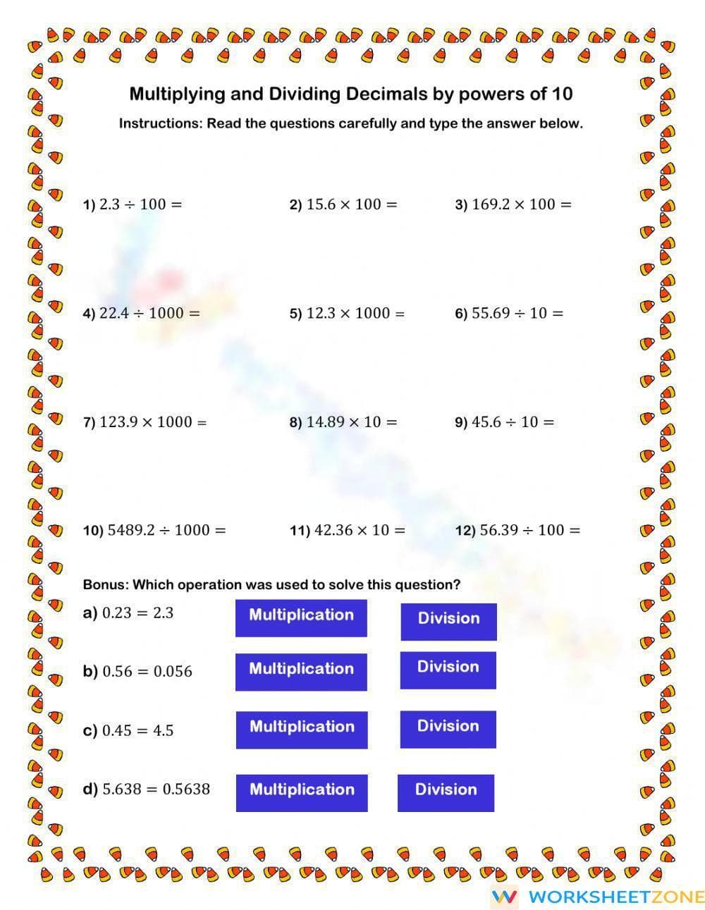 Multiplication & Division of Decimals by 10 - Page 1