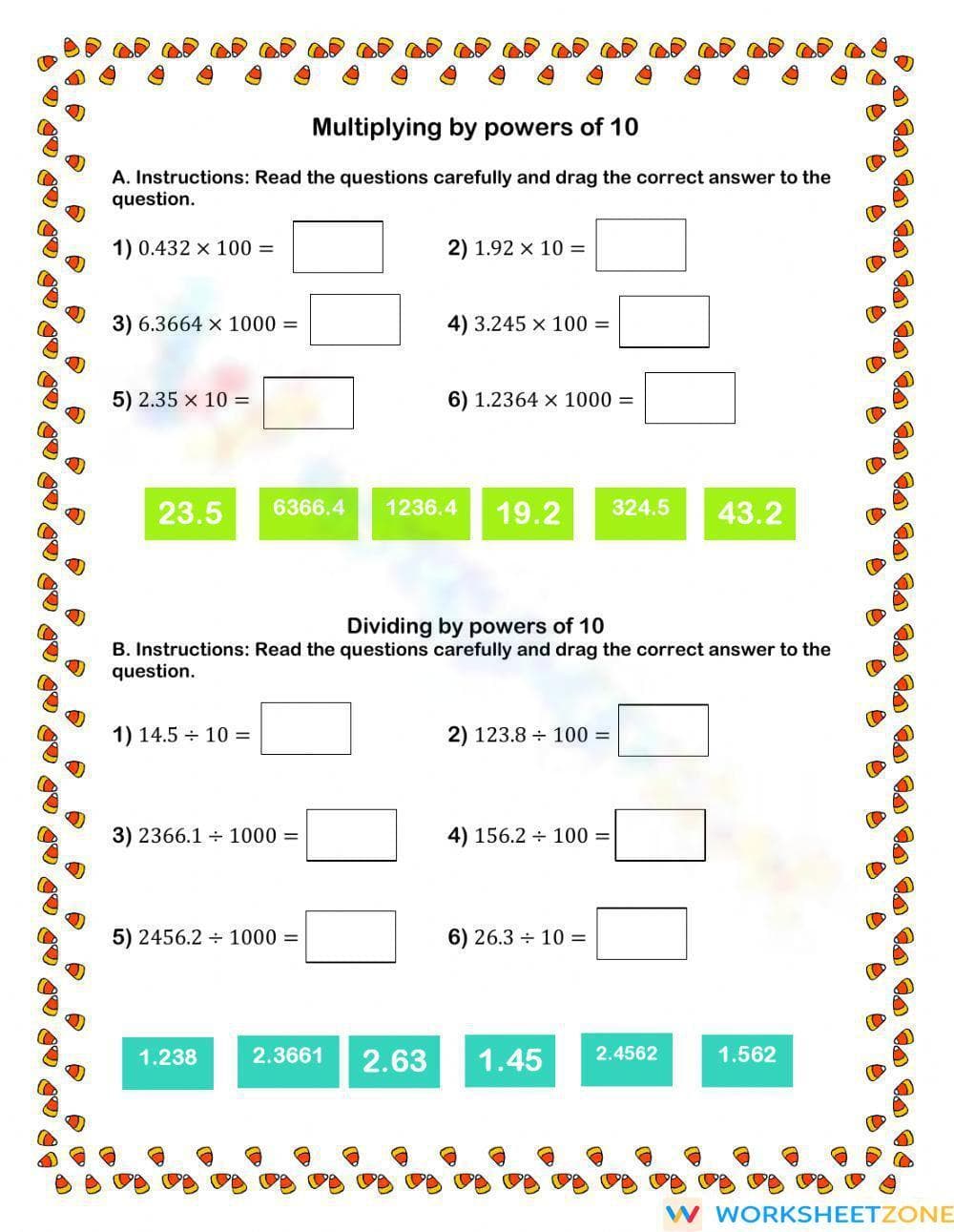 Multiply/Divide Decimals by Powers of 10 - Page 1