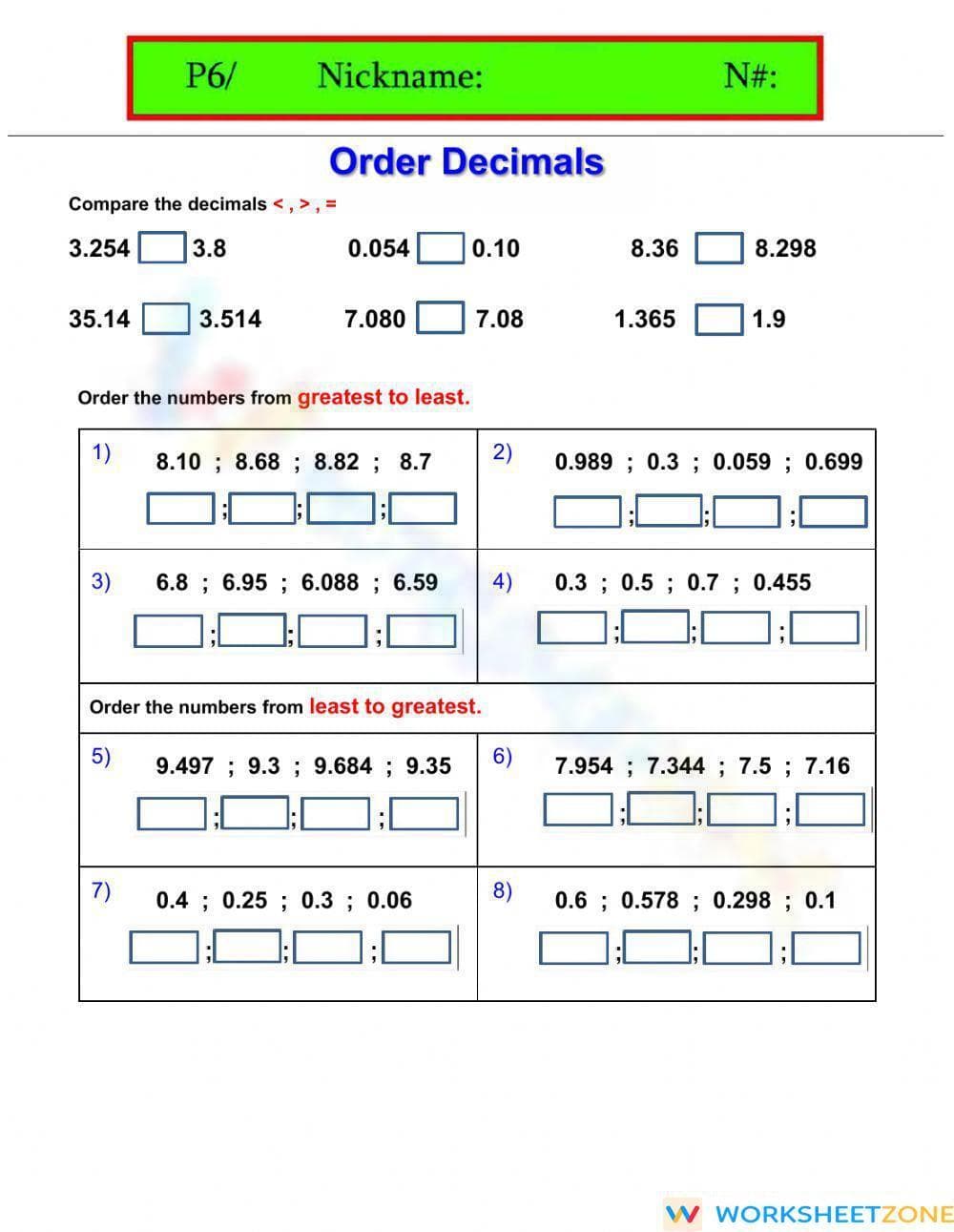 Order decimals - Page 1
