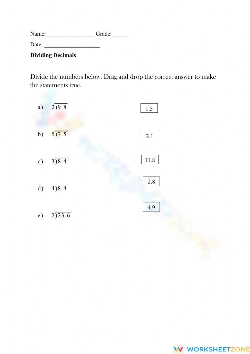 Dividing Decimals - Page 1
