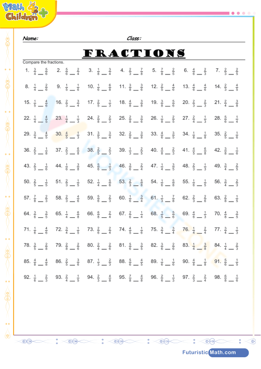 Fraction Comparisons Practice Sheet - Page 1
