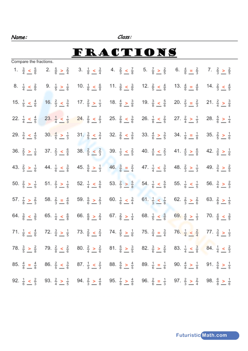 Fraction Comparisons Practice Sheet - Page 2