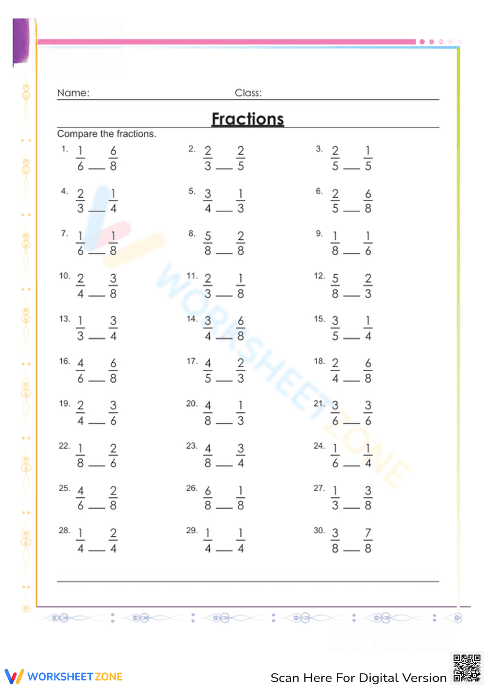 Fractions Comparison Sheet for Students - Page 1
