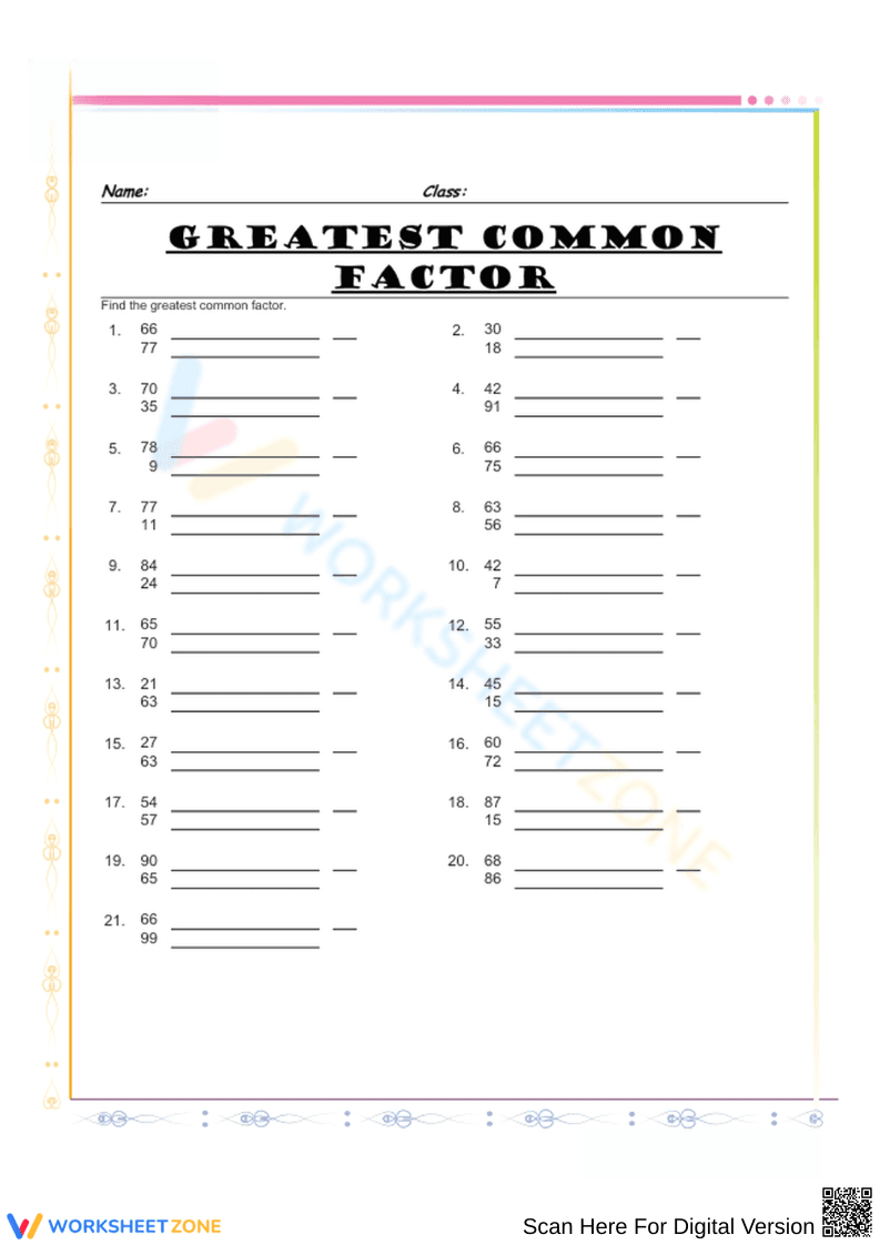 Math Worksheet: Greatest Common Factor - Page 1