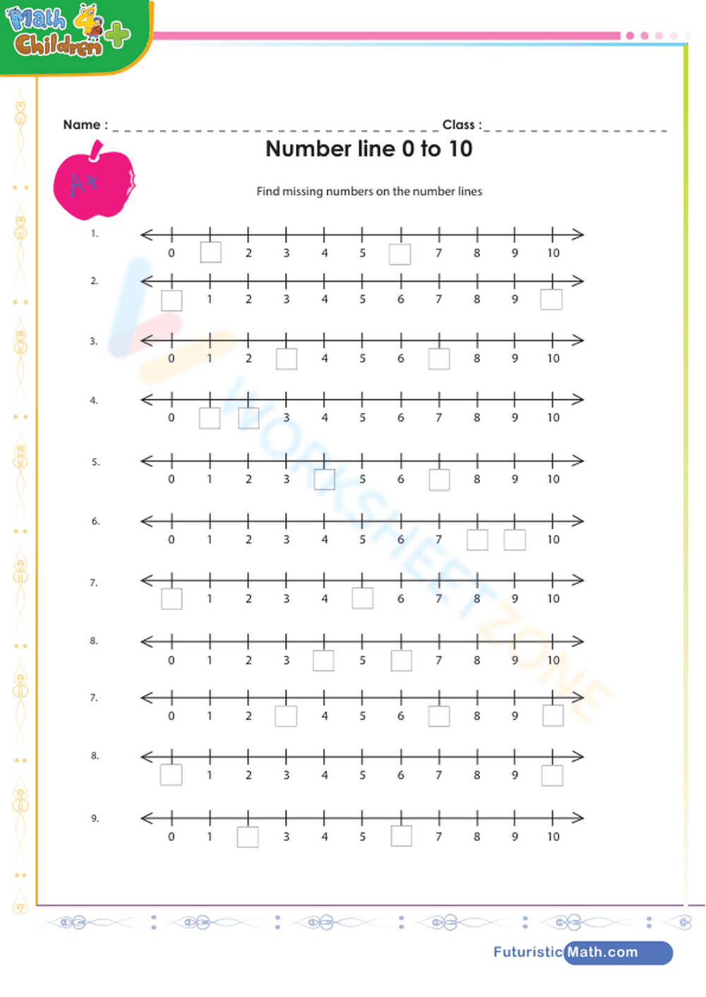 Number line 0 to 10 - Page 1