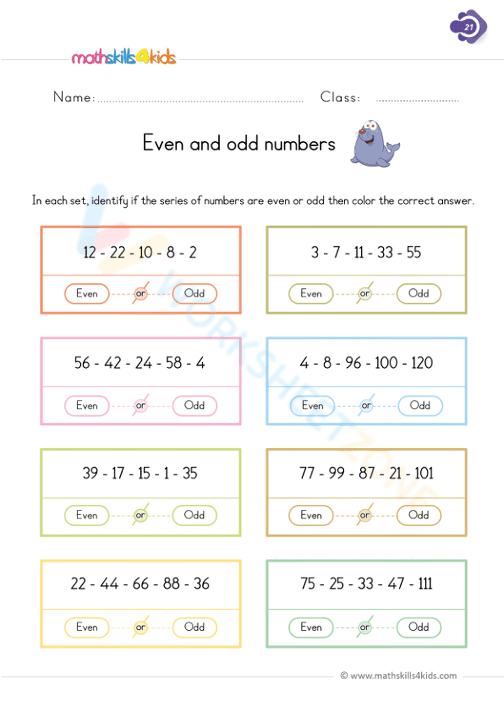 Practice Even and Odd Numbers Worksheet for Math - Page 1