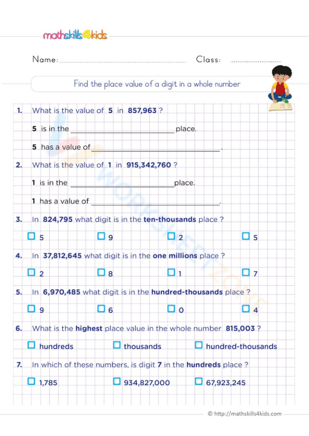 Place value and names for whole numbers - Page 1