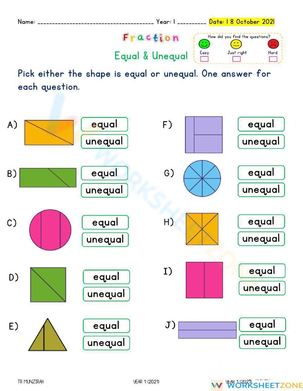 Fraction: Equal and Unequal Parts - Page 1