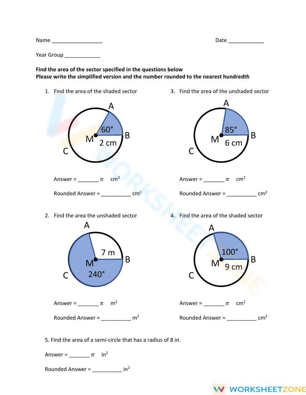 Circles - Area of a Sector - Degrees - Page 1