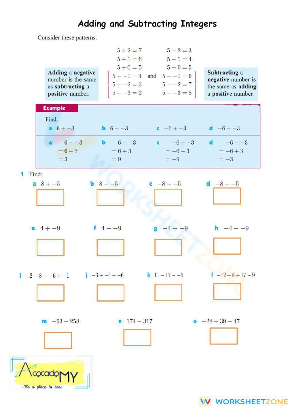 Addition and Subtraction Integers - Page 1