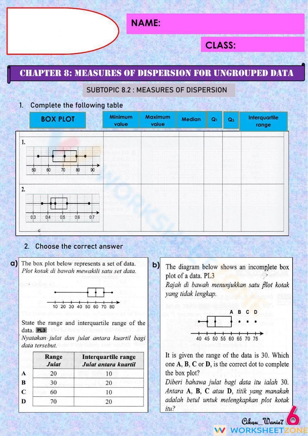 Analyzing Data with a Box Plot Worksheet - Page 1
