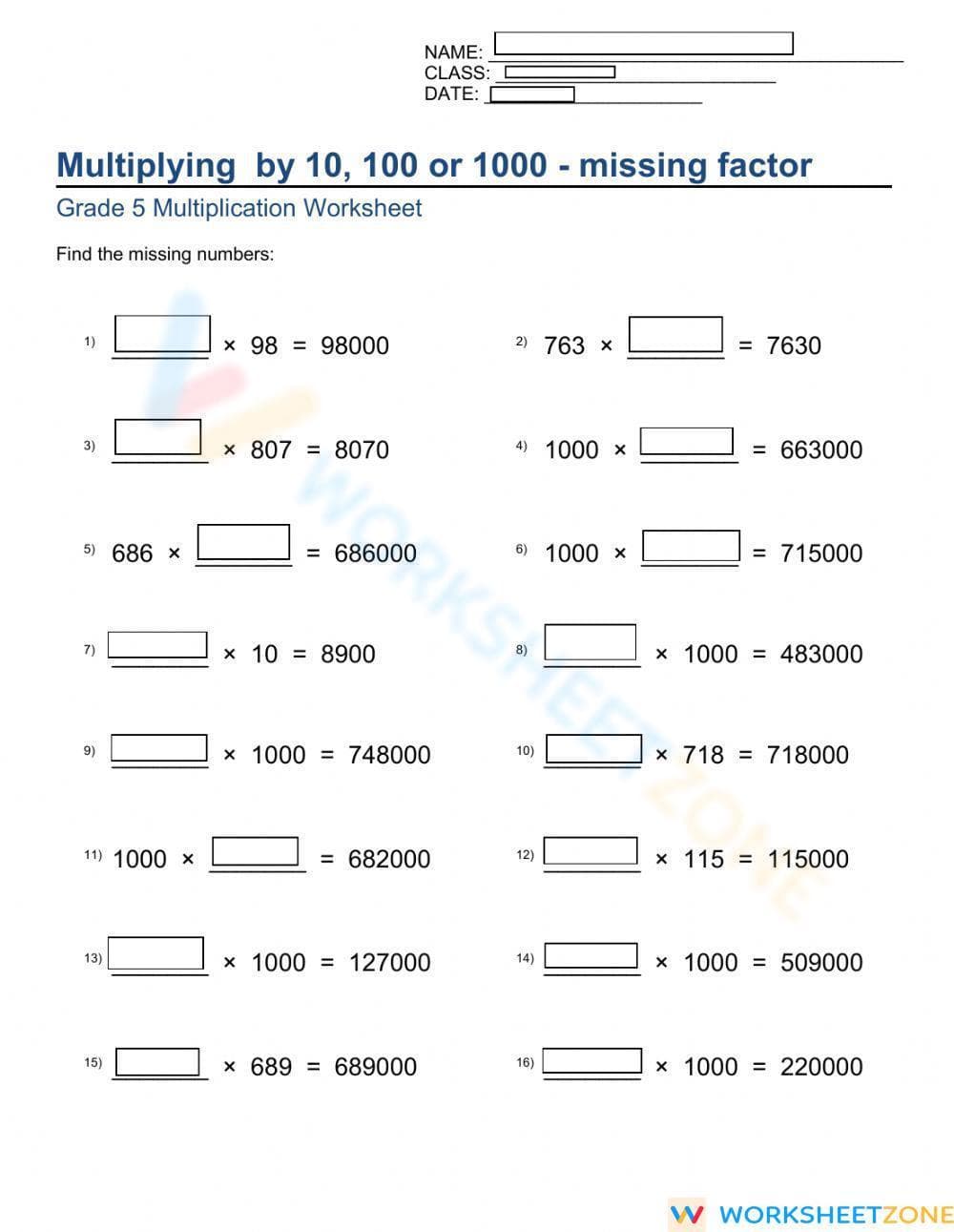 Multiplying by 10, 100 and 1000 - Page 1