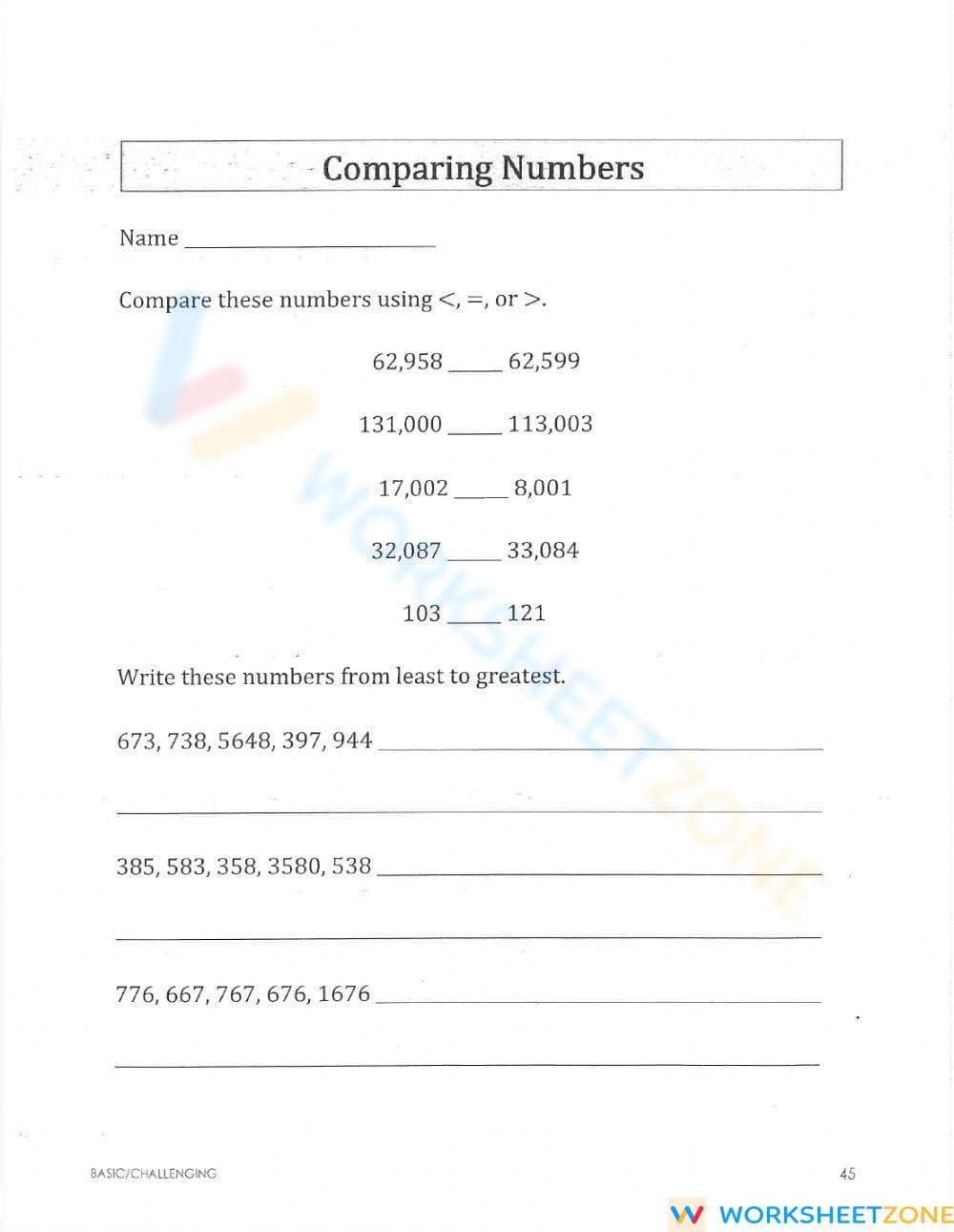 Comparing Numbers Worksheet - Page 1