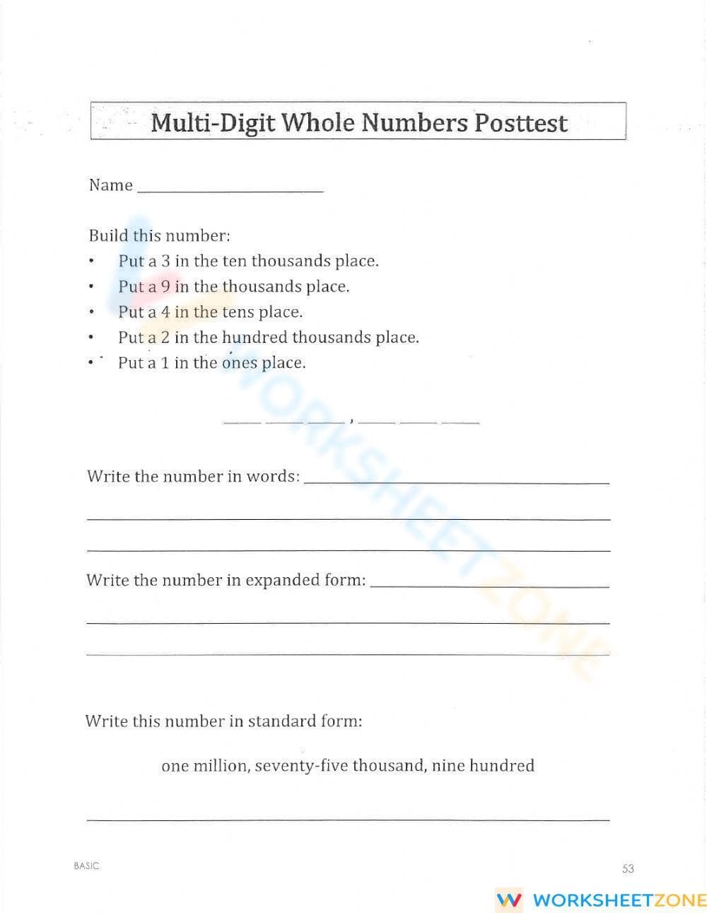 Multi-Digit Whole Numbers Test - Page 1