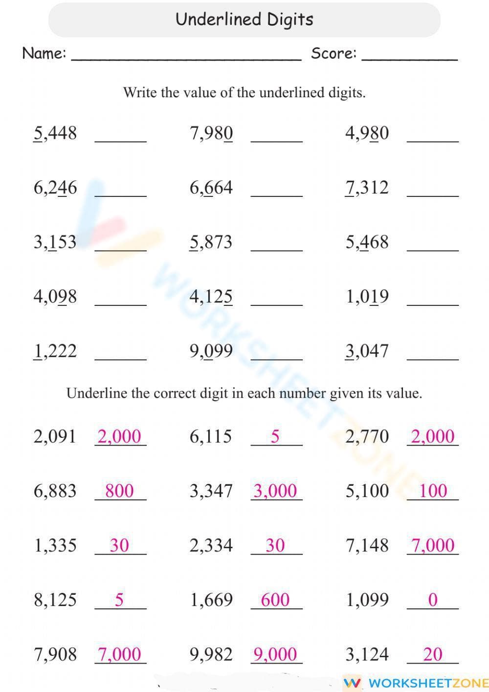 Place Value- Underlined Digit - Page 1