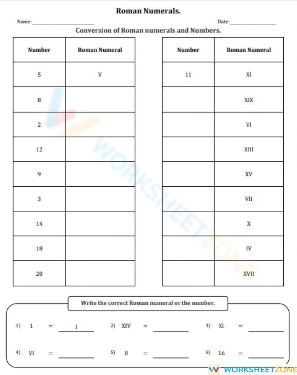 Math Roman Numerals - Page 1