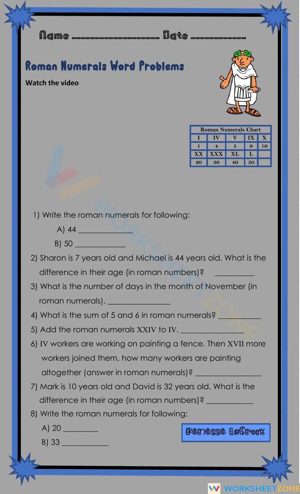 Roman Numerals Word Problems Practice - Page 1
