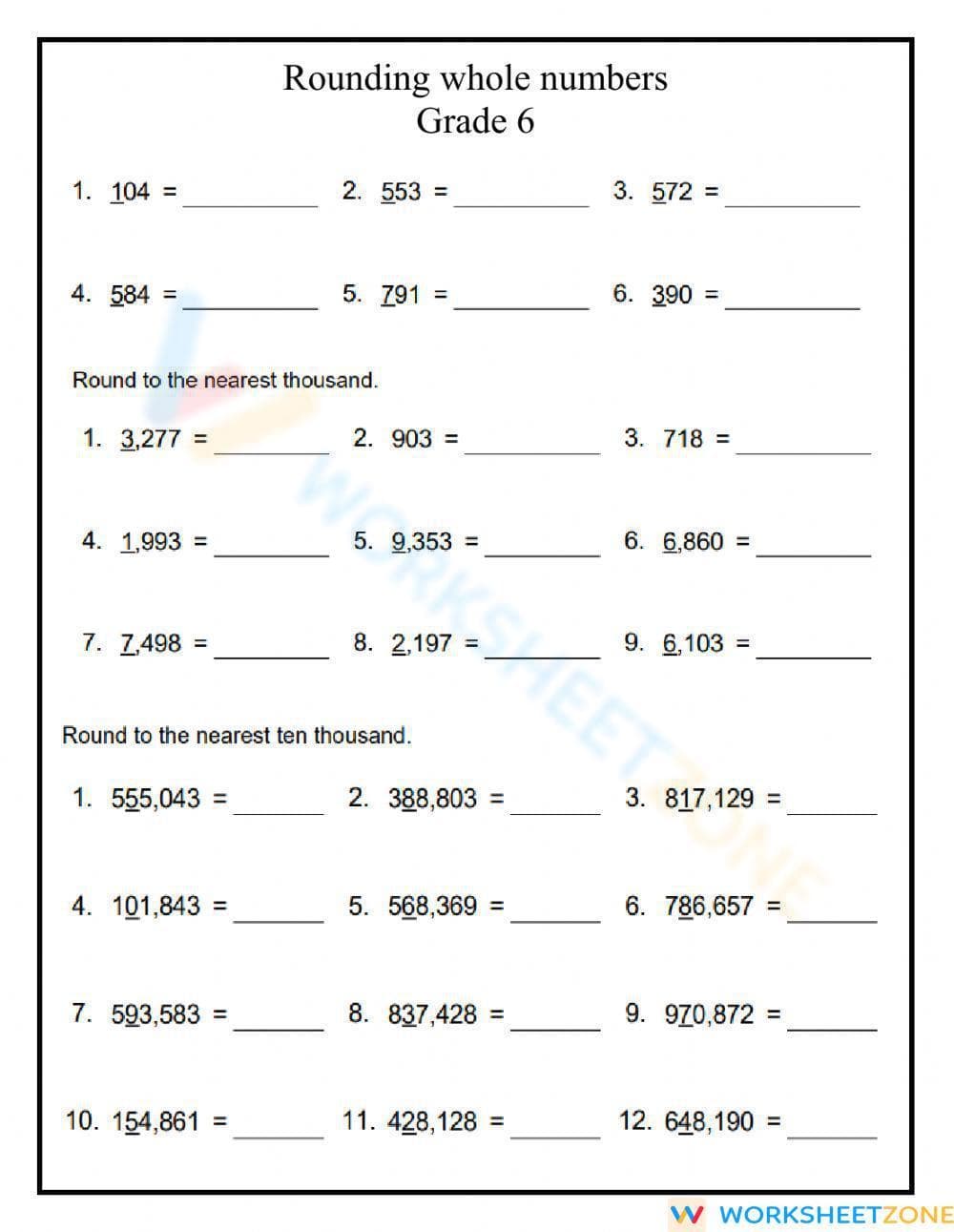 Rounding whole numbers Grade 6 - Page 1