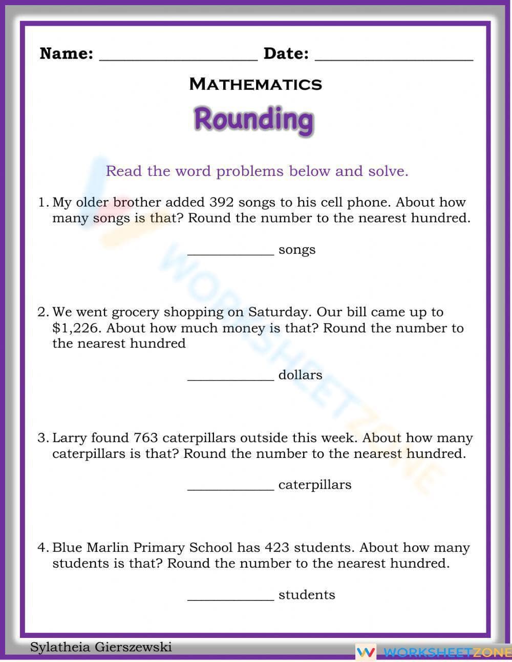 Rounding to Nearest Hundred Practice - Page 1
