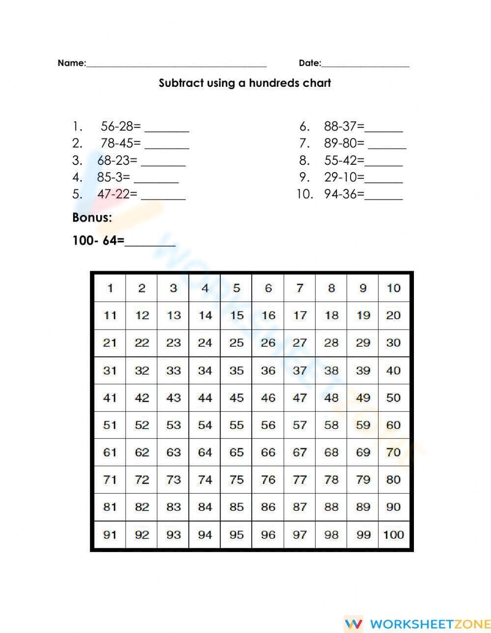 Subtracting with hundreds chart - Page 1