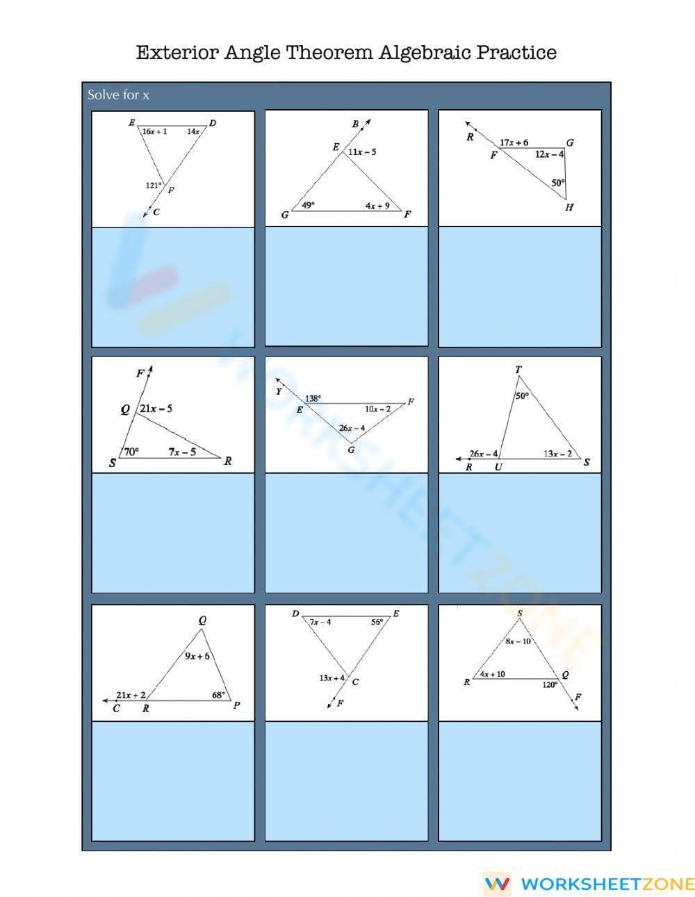 Exterior Angle Theorem Algebraic Practice - Page 1