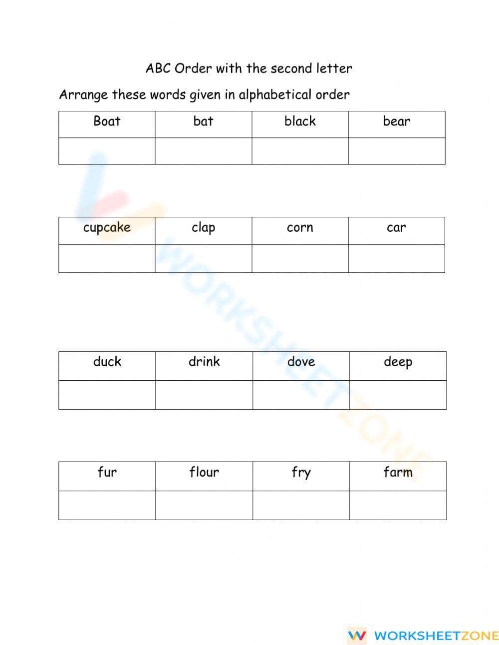 ABC order with the second letter Worksheet - Page 1