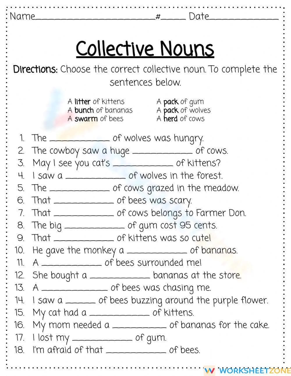Mastering Collective Nouns: Worksheet for Grammar Skills - Page 1