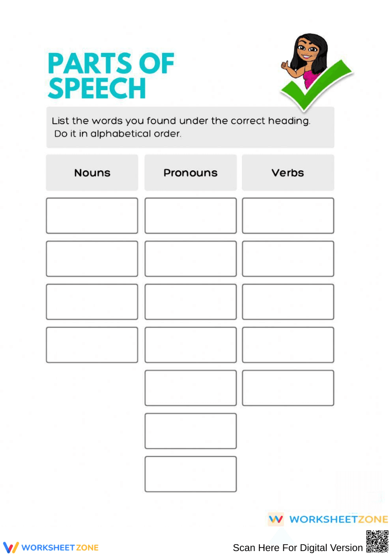 Parts of Speech Worksheet - Nouns, Verbs, and Pronouns - Page 2
