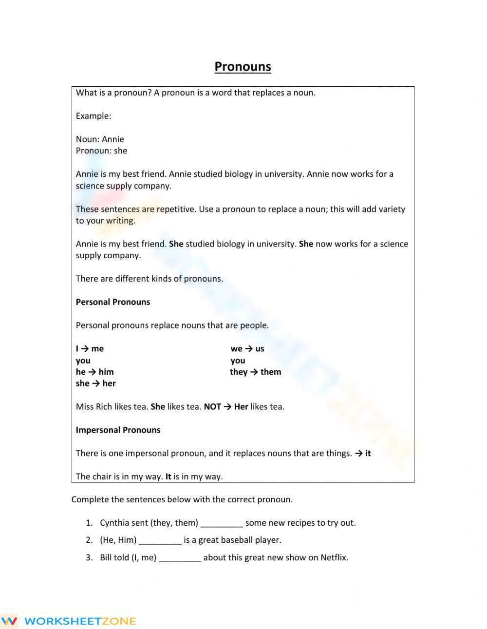 Pronoun Worksheet for Beginners - Page 1