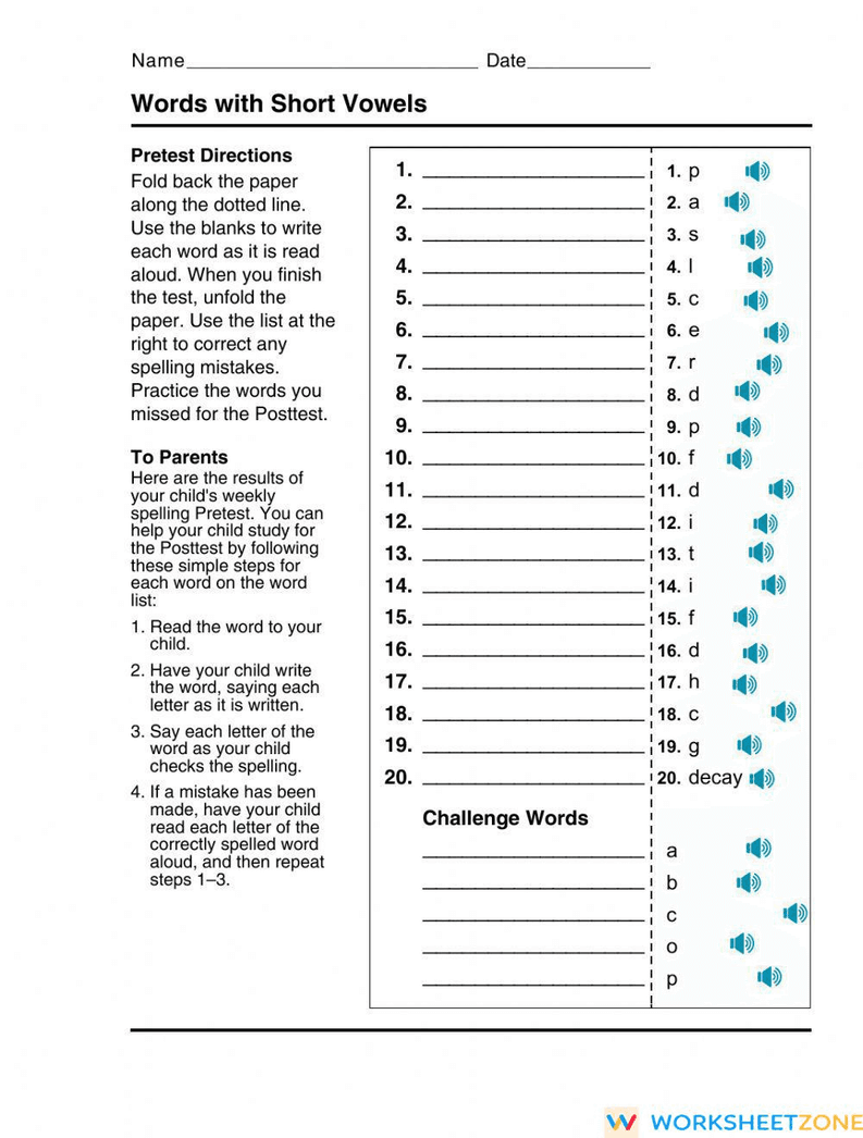 Short Vowel Spelling Pretest Worksheet - Page 1