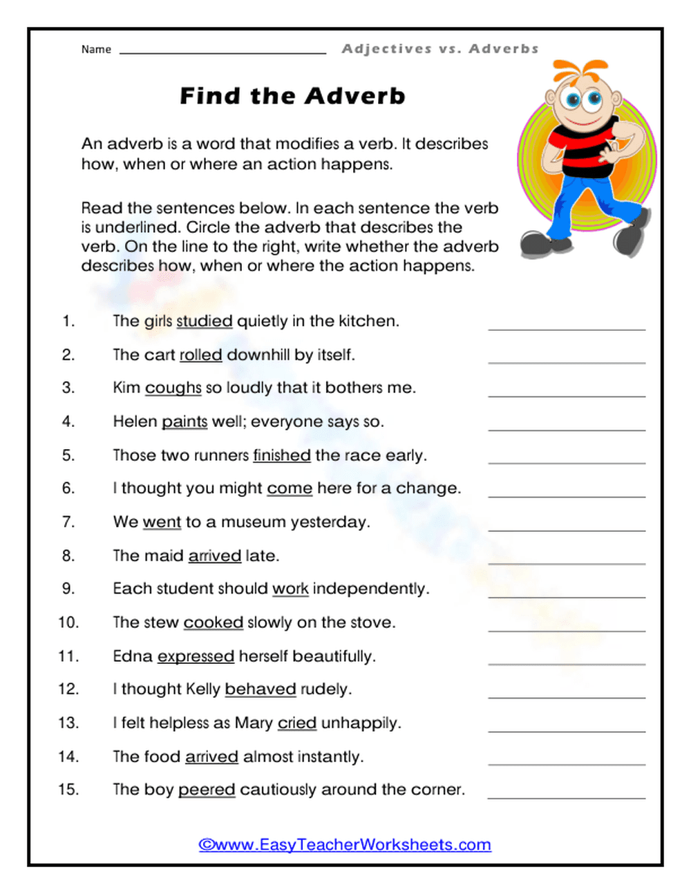 Find the Adverbs: Practice Sheet - Page 1