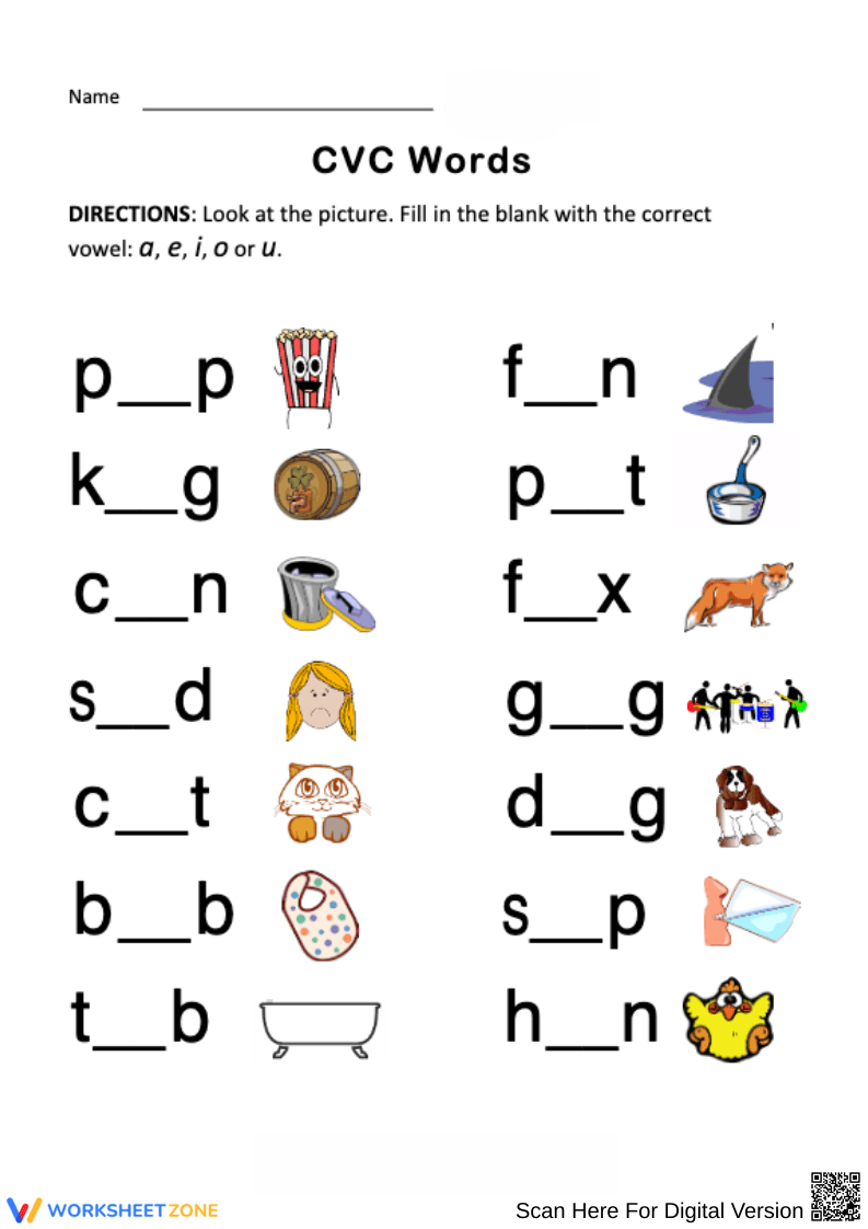CVC Words Worksheet – Adding Missing Vowels - Page 1