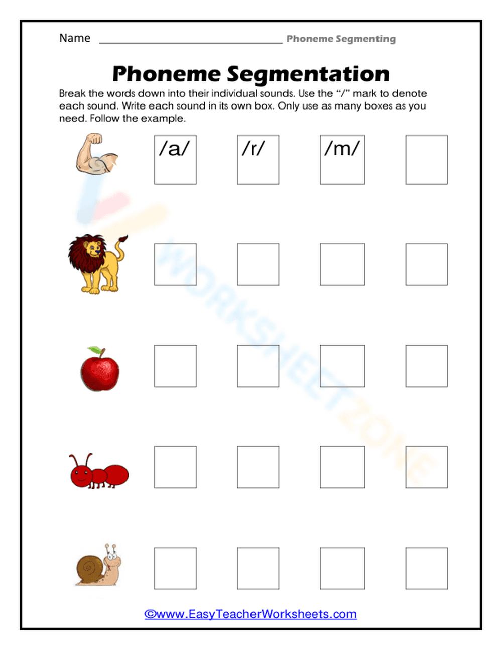 Phoneme Segmentation Worksheet - Page 1