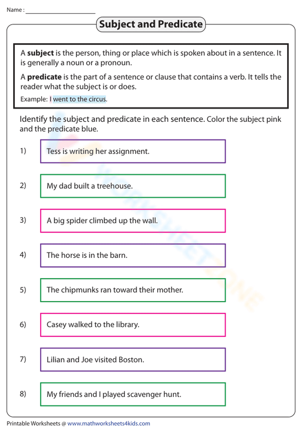 Subject and Predicate Coloring Fun Worksheet - Page 1