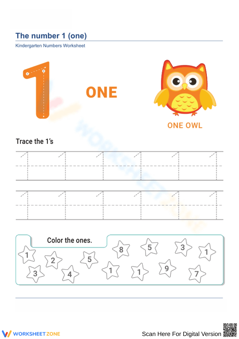Kindergarten Number 1 Tracing and Coloring Worksheet - Page 1