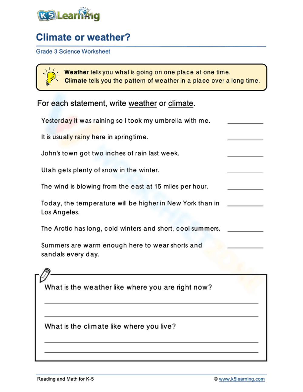 Grade 3 Science: Climate or Weather? - Page 1